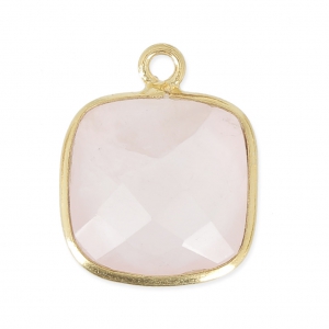 Colgante cuadrado facetado 11mm engaste Plata 925 Chapado Oro  / Cuarzo rosa x1