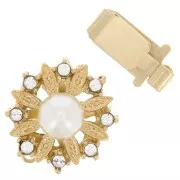 Cierre de clip redondo motivo flor con cuenta nacarada y strass 15 mm dorado x1