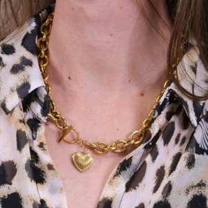 Collier grosse maille avec fermoir T et coeur 