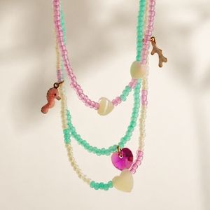 collier rocailles rose poudr&eacute; et teal
