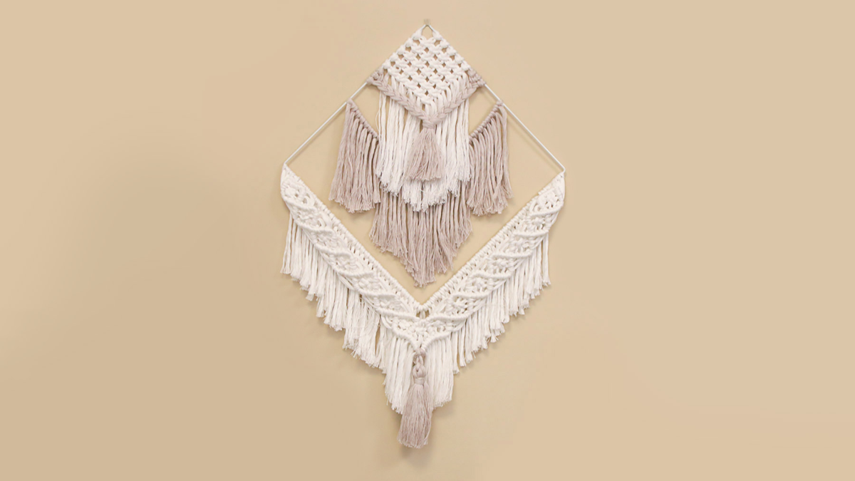 Esquema Tutorial decorativo de macramé con flecos en suspensión cuadrada Esquema Tutorial decorativo de macramé con flecos en suspensión cuadrada