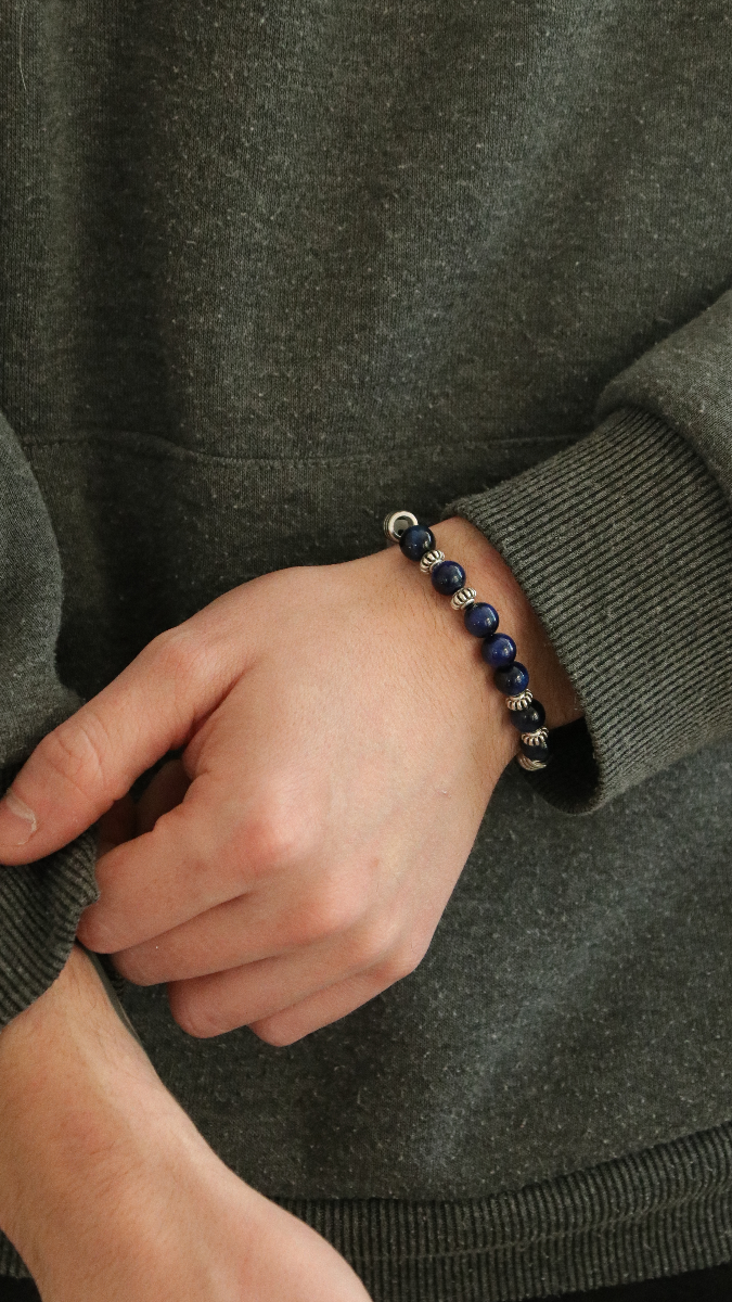 Esquema Brazalete elástico para hombres con cuentas de gemas de ojo de tigre azul Esquema Brazalete elástico para hombres con cuentas de gemas de ojo de tigre azul