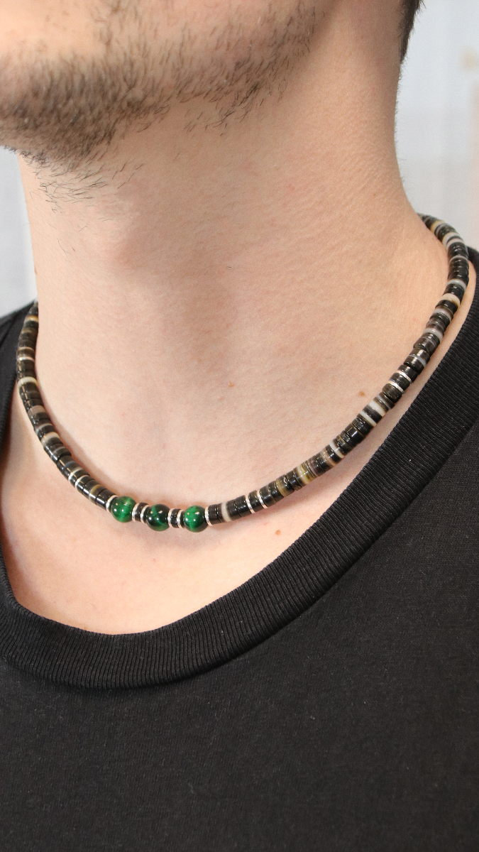 Esquema Collar de surfista para hombres heishis y ojo de tigre