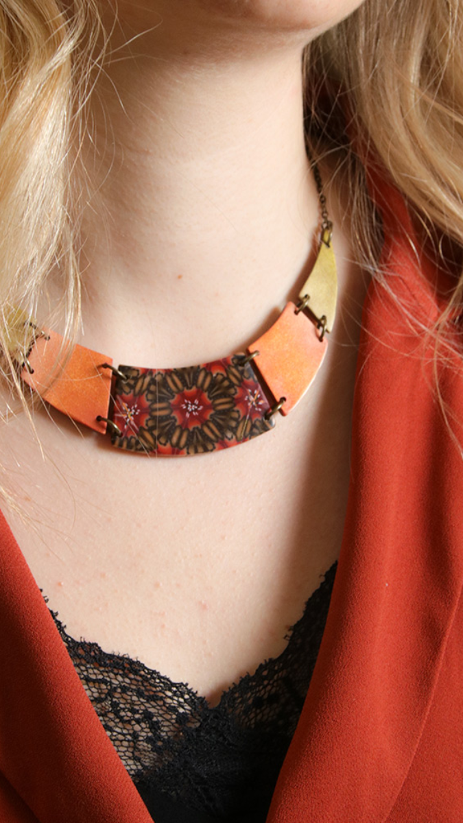 Esquema Cuello de pechera geométrico y pato caleidoscopio de arcilla polimérica