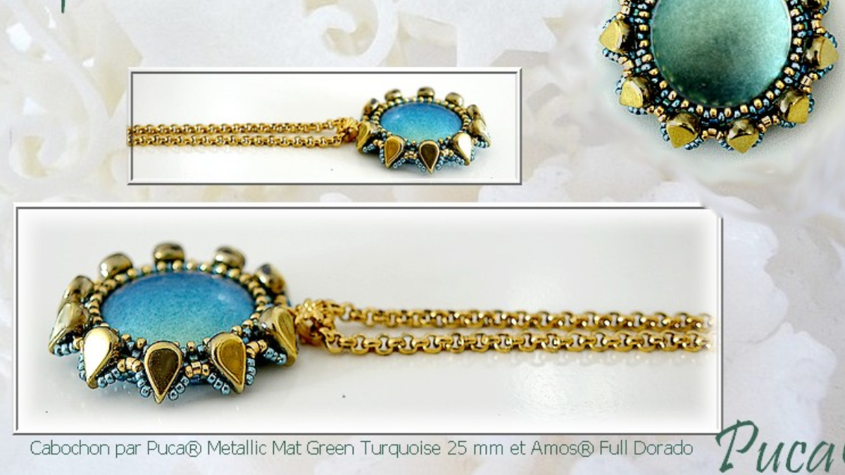 Colgante Betty con cuentas de vidrio Amos y cabujón de Puca Colgante Betty con cuentas de vidrio Amos y cabujón de Puca