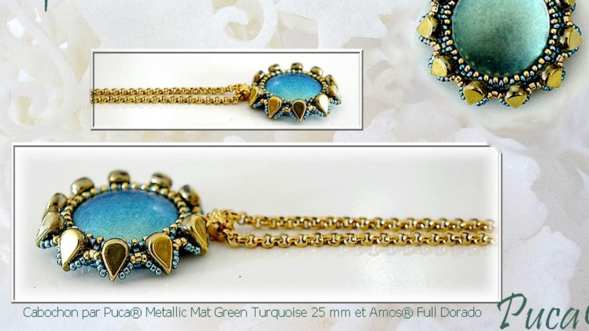 Esquema Colgante Betty con cuentas de vidrio Amos y cabujón de Puca Esquema Colgante Betty con cuentas de vidrio Amos y cabujón de Puca