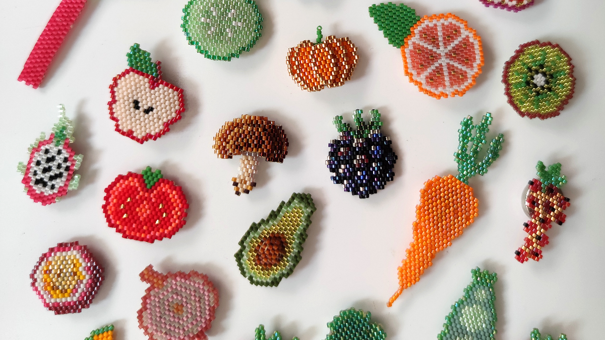 Esquema Imán en relieve de mora y seta en Miyuki bead weave 11/0