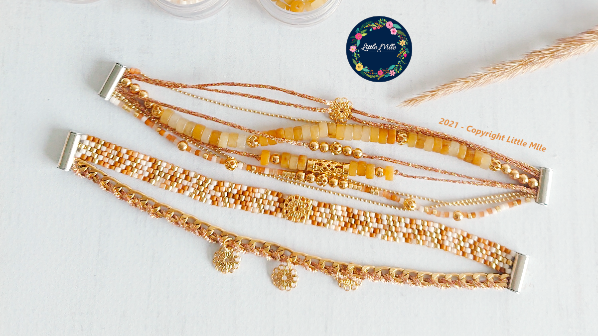 Esquema Pulsera de varias filas con efecto de apilamiento en ágata teñida de topacio y cuentas de Miyuki con cierre de Hiilos Esquema Pulsera de varias filas con efecto de apilamiento en ágata teñida de topacio y cuentas de Miyuki con cierre de Hiilos