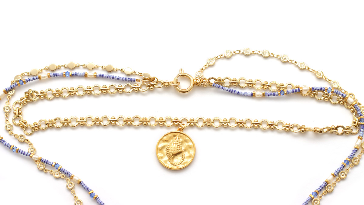 Collar Tuto Multirangs con cuentas de semillas a rayas azules y cadenas de fantasía : Paso 7 Collar Tuto Multirangs con cuentas de semillas a rayas azules y cadenas de fantasía : Paso 7