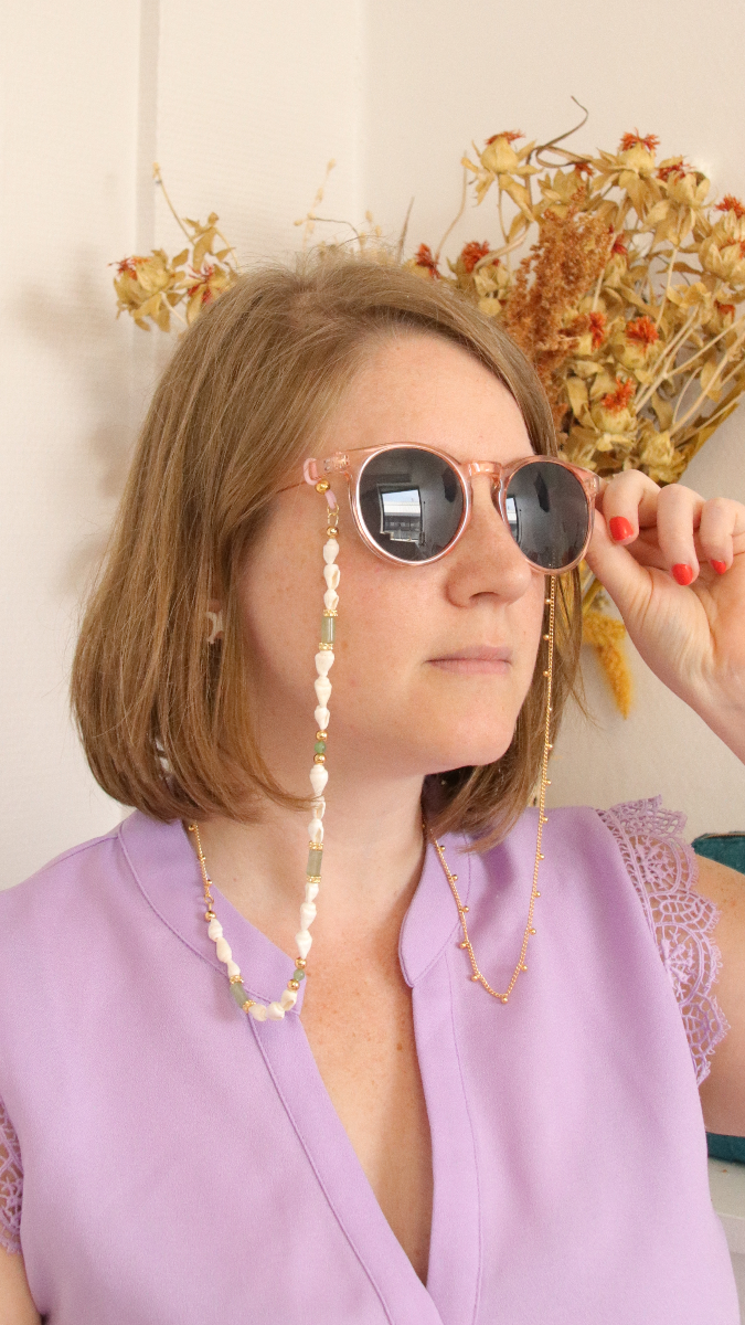 Esquema DIY Cadena de gafas de concha y cuentas en Aventurina Esquema DIY Cadena de gafas de concha y cuentas en Aventurina