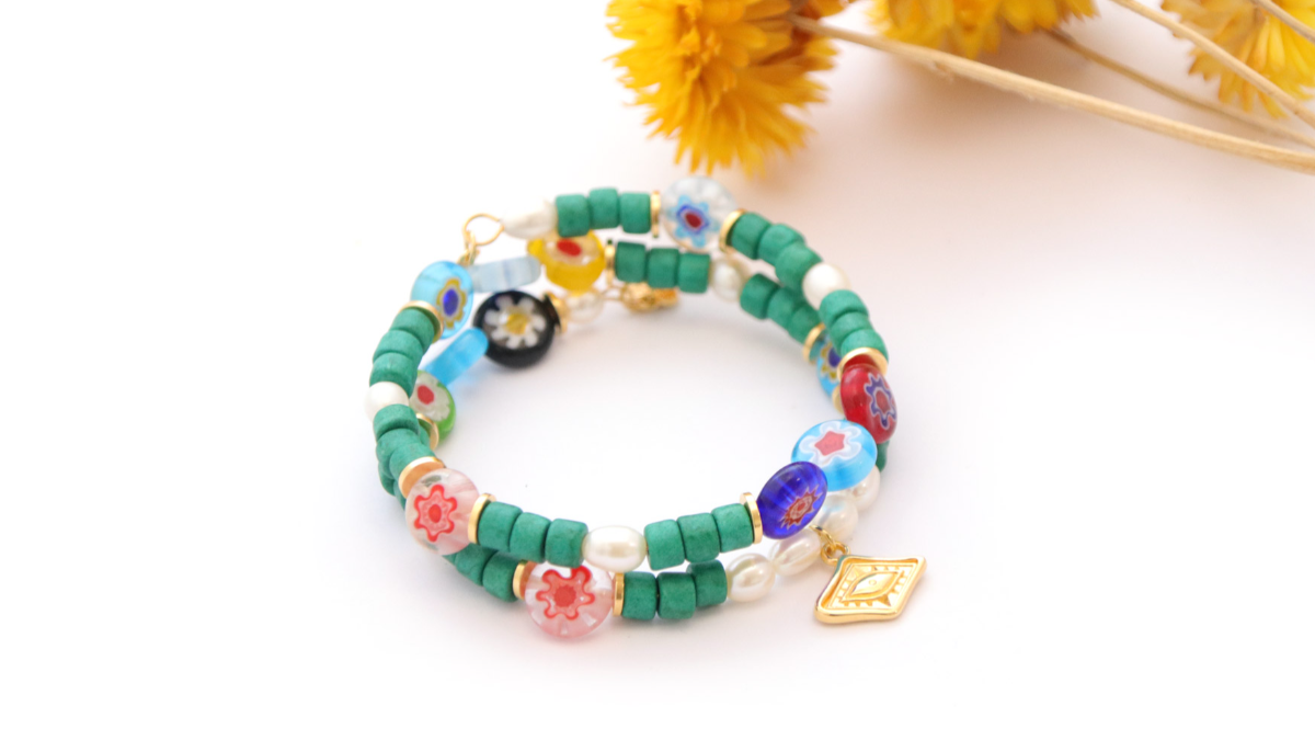 Pulsera multigiro de cuentas Millefiori y heishi de cerámica Pulsera multigiro de cuentas Millefiori y heishi de cerámica