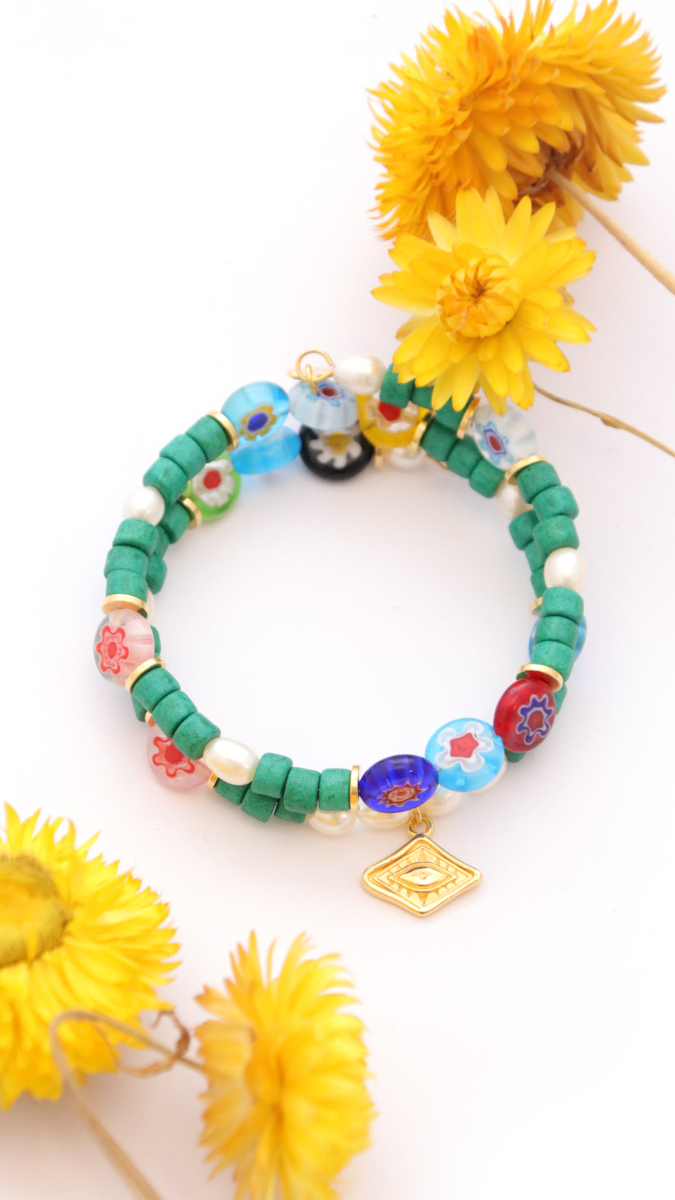 Esquema Pulsera multigiro de cuentas Millefiori y heishi de cerámica Esquema Pulsera multigiro de cuentas Millefiori y heishi de cerámica