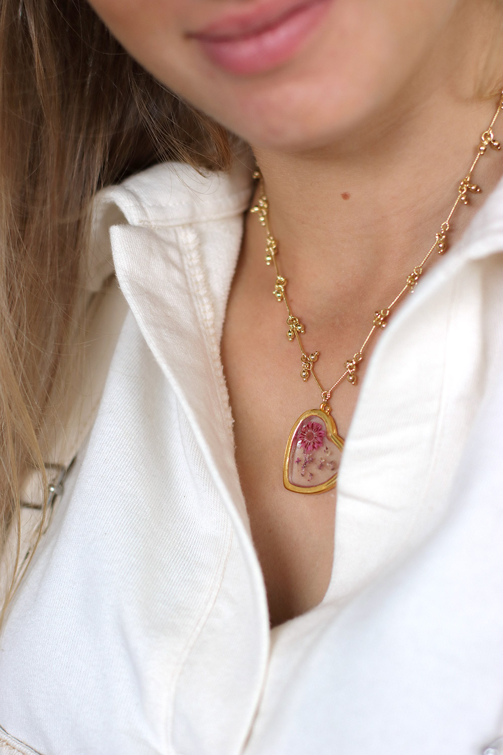 Collar DIY Colgante de corazón en resina UV LED con flores secas