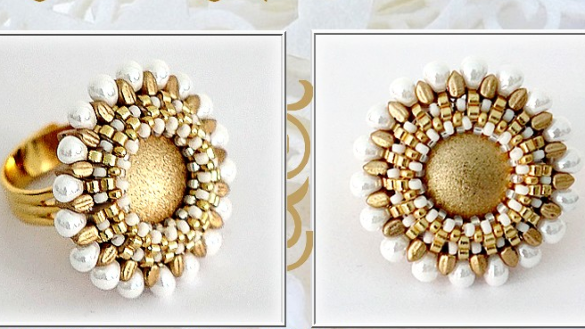 Anillo Sally de Puca con cabujones de plata y azul de Miyuki y cuentas de semillas