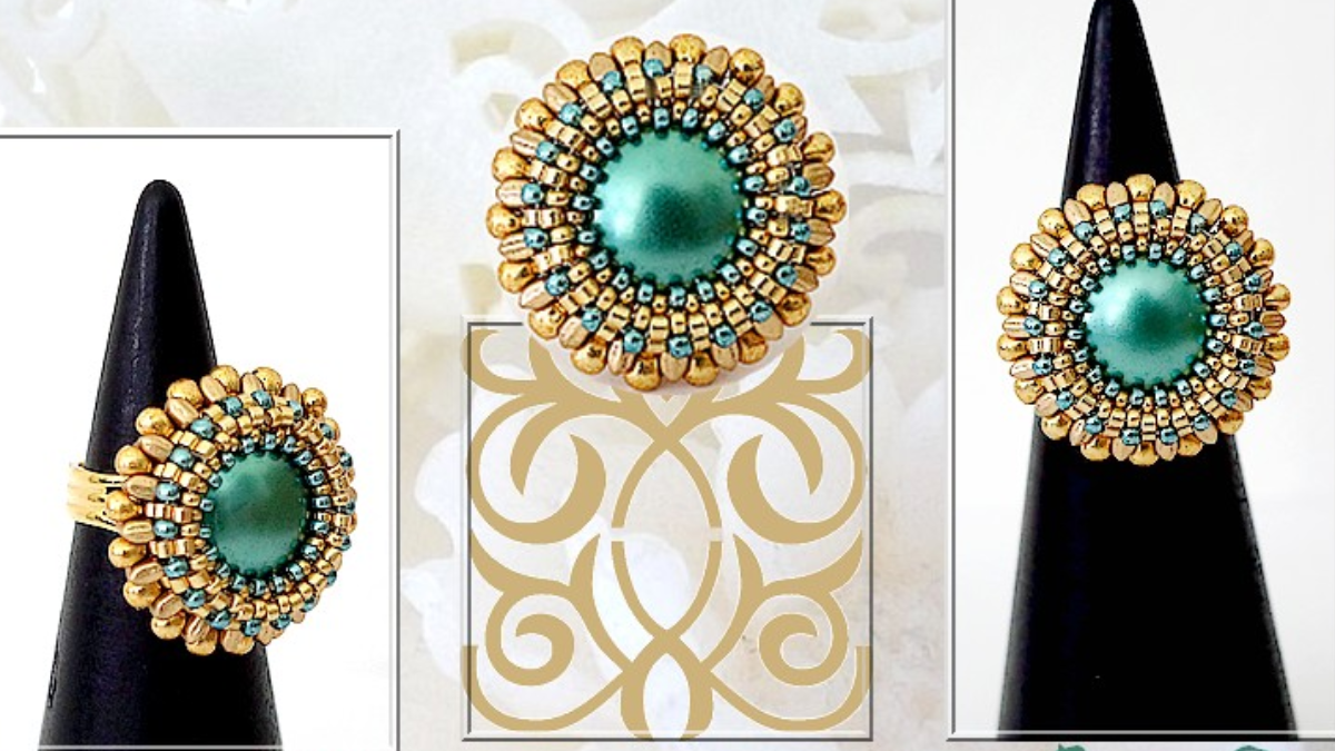 Esquema Anillo Sally de Puca con cabujones de plata y azul de Miyuki y cuentas de semillas