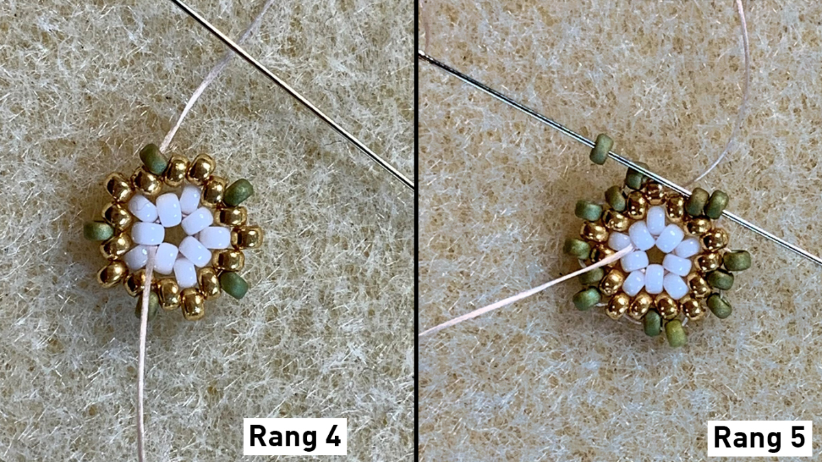 Pendientes de tejido de peyote circular en 3D sobre cabujones de madera y grabados : Paso 3