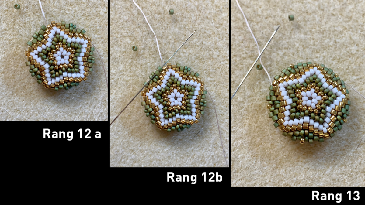 Pendientes de tejido de peyote circular en 3D sobre cabujones de madera y grabados : Paso 8