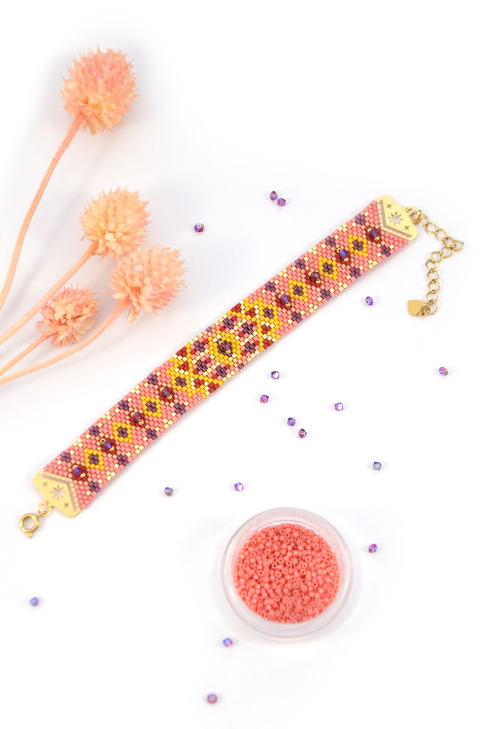 Esquema Pulsera de Peyote Impair en Miyuki delicas y peonzas de PureCrystal con cierre de estrella