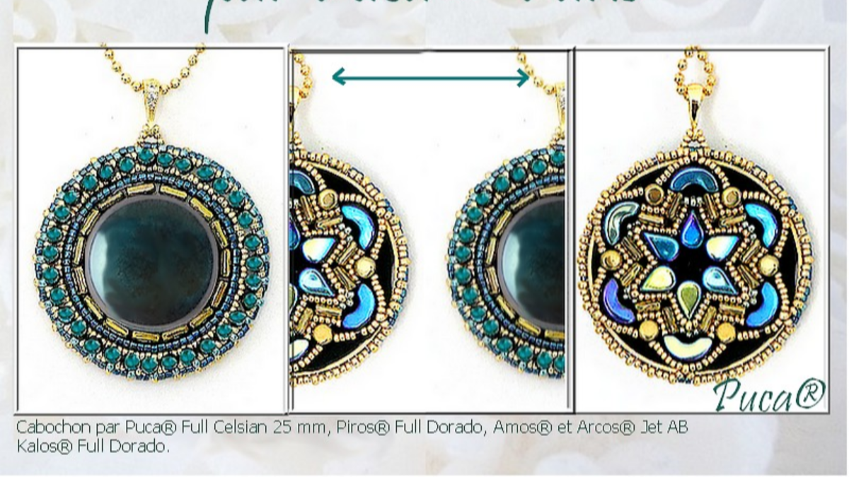 Esquema Colgante Tuto "Recto Verso" con cabujón y cuentas Piros, Kalos y Amos de Puca