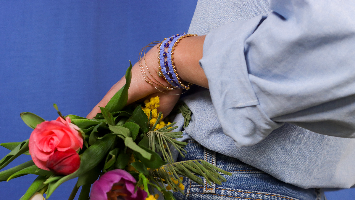 Esquema Pulsera de tejido de tilas con pequeñas flores en cuentas de semillas Miyuki