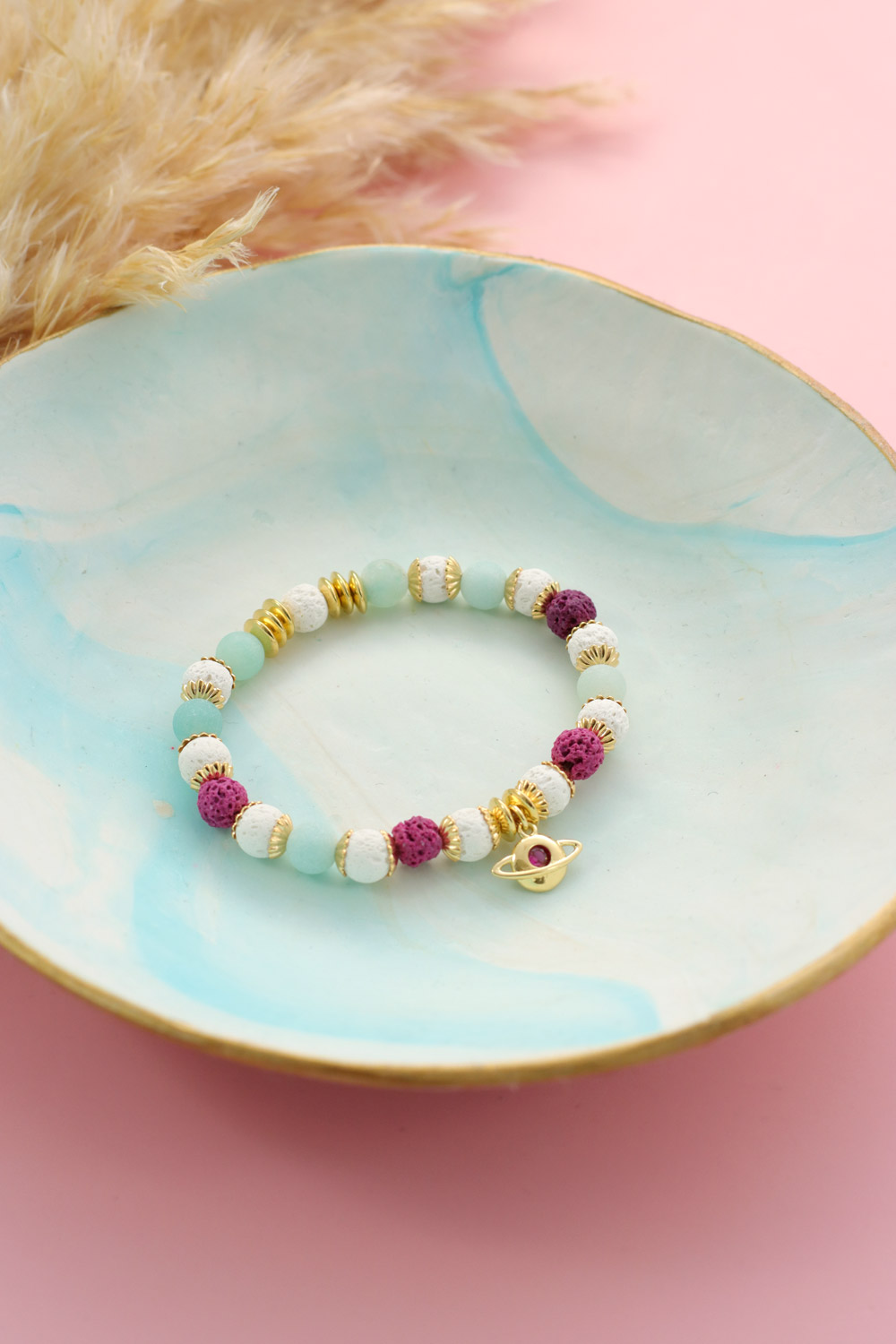 Esquema Tuto Pulsera elástica con cuentas de piedra de lava fucsia Esquema Tuto Pulsera elástica con cuentas de piedra de lava fucsia