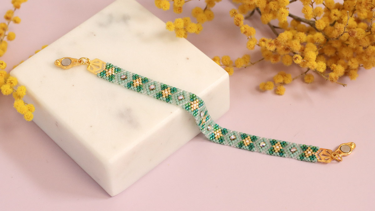 Esquema Pulsera de Miyuki Peyote Impair con inserción de PureCrystal Mesh