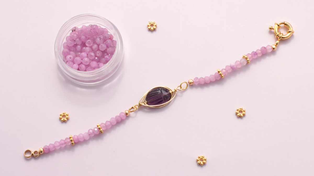 Esquema Pulsera de piedras preciosas con alambre de escarabajo de amatista
