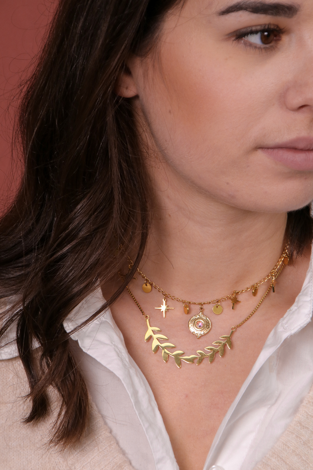 Esquema Dos collares de acero inoxidable con rama de colgante dorada Esquema Dos collares de acero inoxidable con rama de colgante dorada