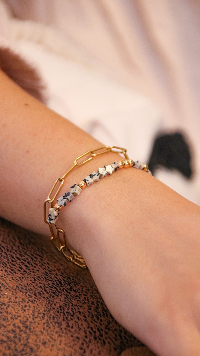 Esquema Pulsera estrella de jaspe dálmata con cadena rectangular de acero inoxidable
