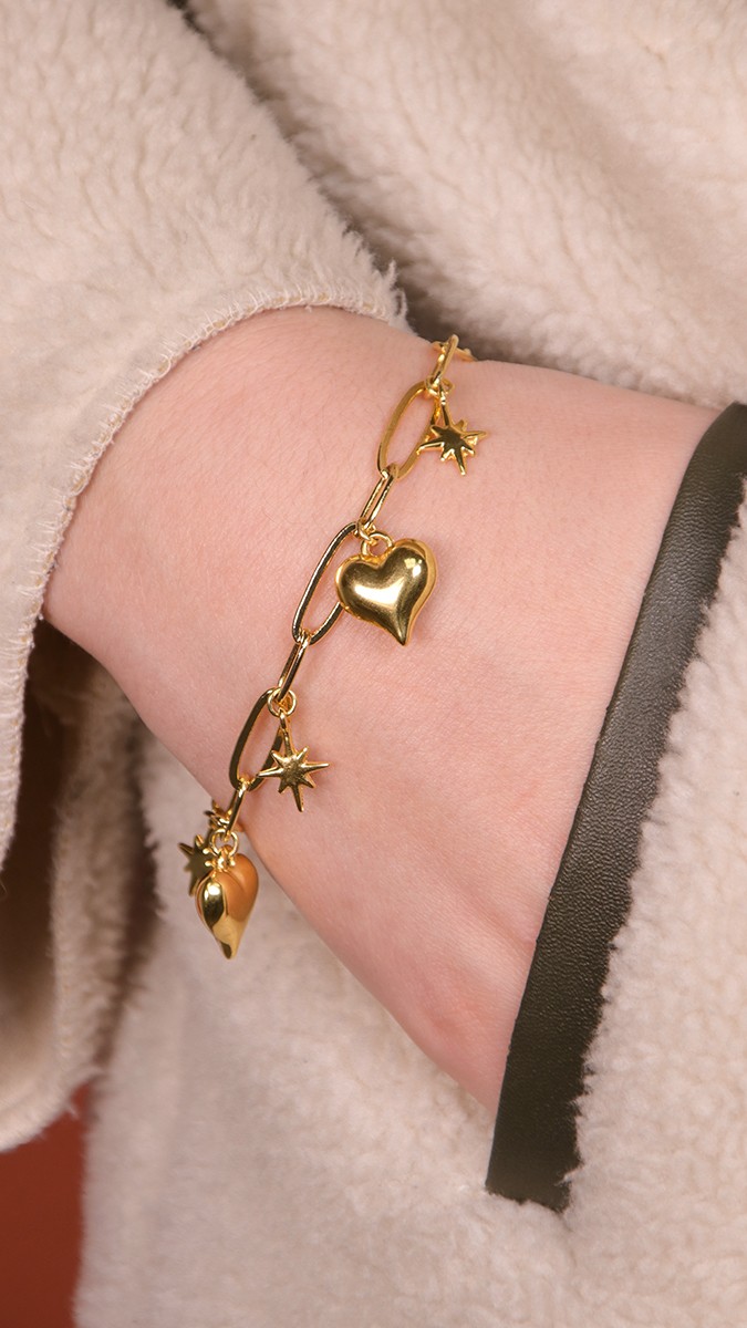 Esquema Pulsera de cadena con colgantes de corazón y Estrella del Norte Esquema Pulsera de cadena con colgantes de corazón y Estrella del Norte