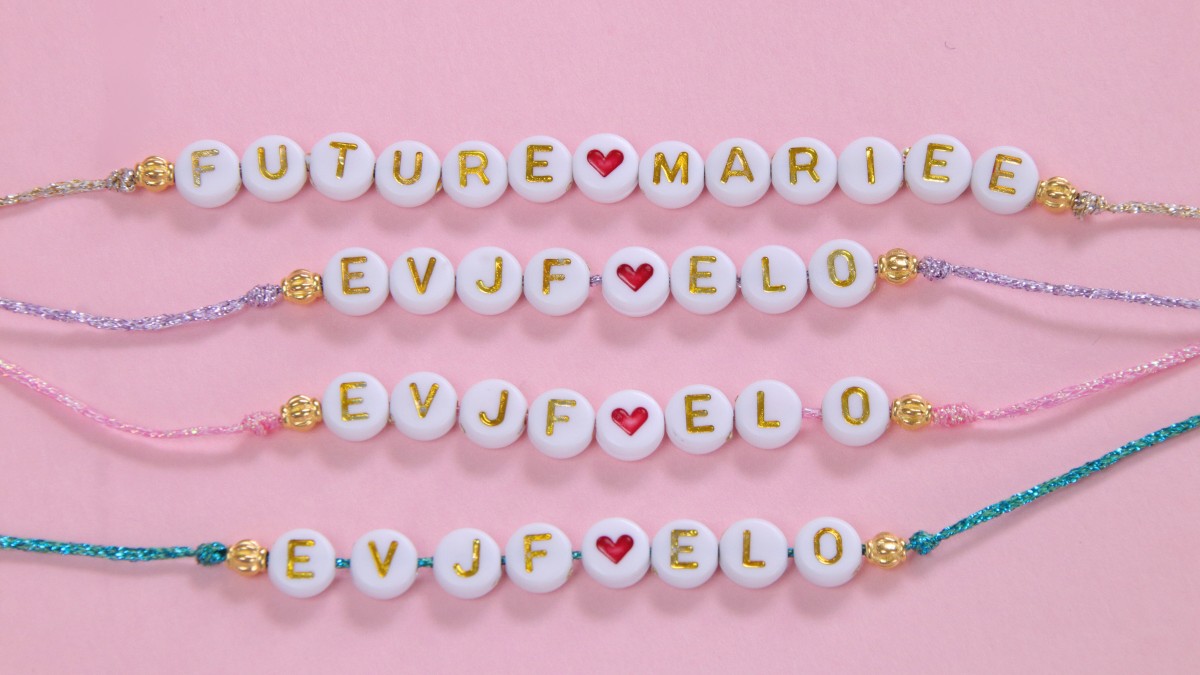 Esquema Pulseras para despedida de soltera con hilo metalizado y cuentas con letras Esquema Pulseras para despedida de soltera con hilo metalizado y cuentas con letras