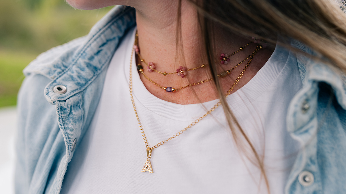 Esquema Collares con piedras naturales y colgantes de letras Esquema Collares con piedras naturales y colgantes de letras