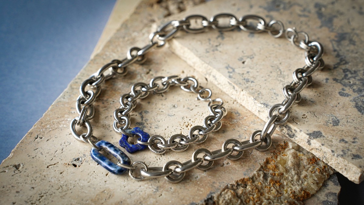 Bracelet et Collier grosse maille avec pierres naturelles