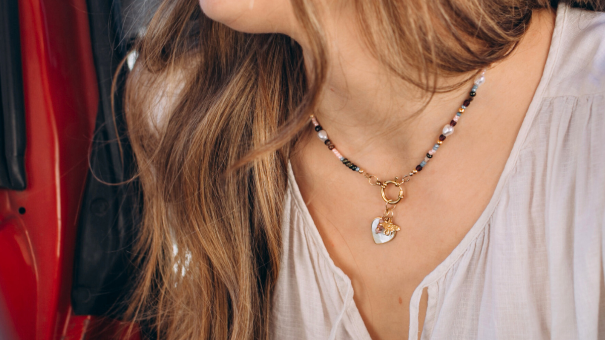 Esquema DIY Collar de perlas de acero inoxidable, Cierre y colgante de corazón