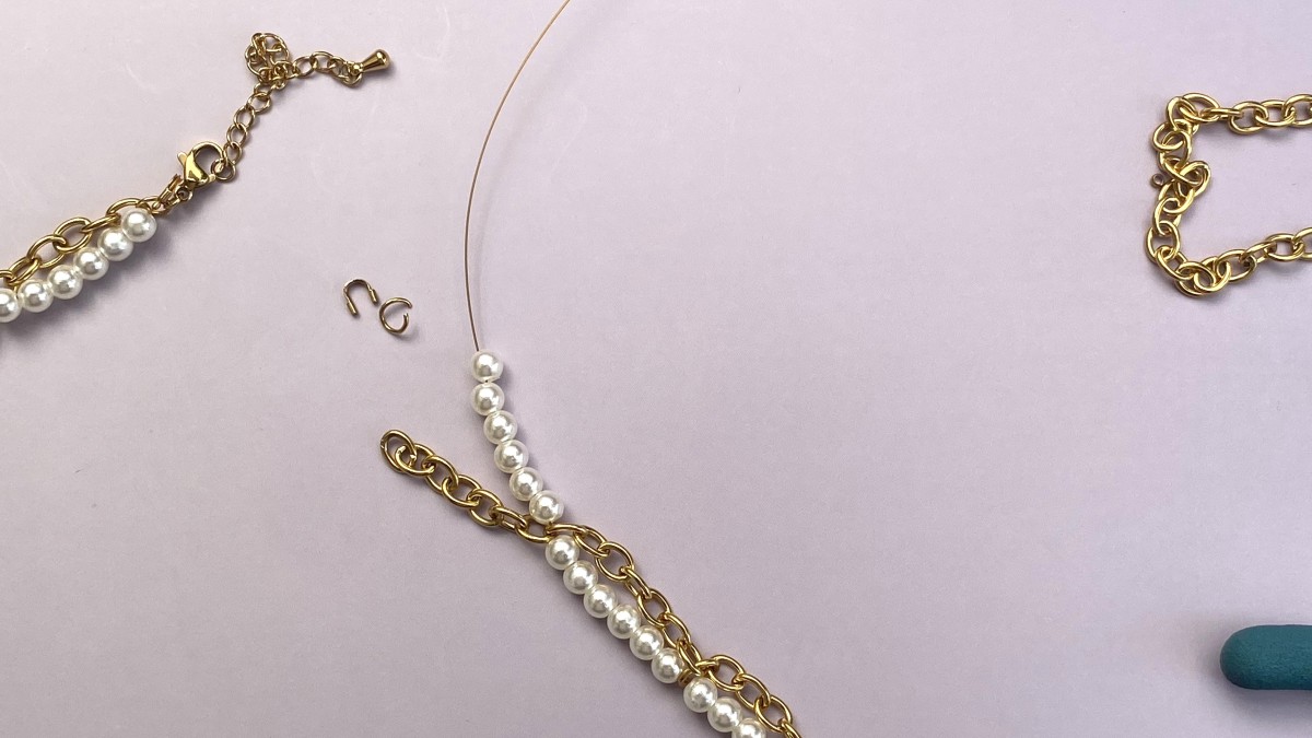 Collar de limones de acero inoxidable, con imitaciones de perlas y cuentas de cerámica : Paso 8