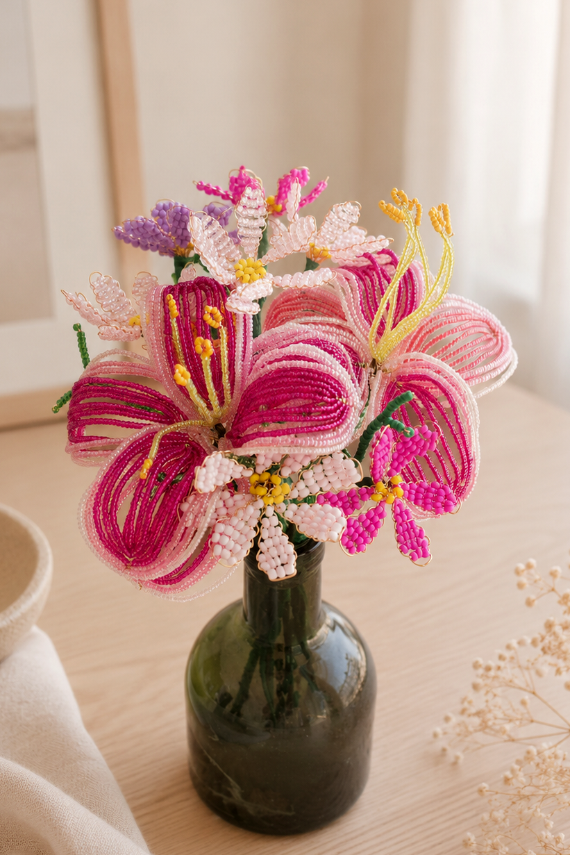 Ramo de flores hecho con cuentas de Rocalla: flor de lis y margarita