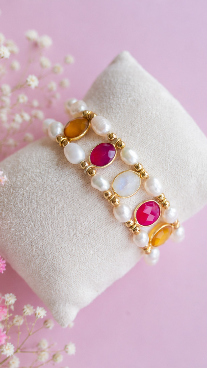 Esquema Pulsera de doble vuelta con piedras naturales y cuentas de agua dulce Esquema Pulsera de doble vuelta con piedras naturales y cuentas de agua dulce