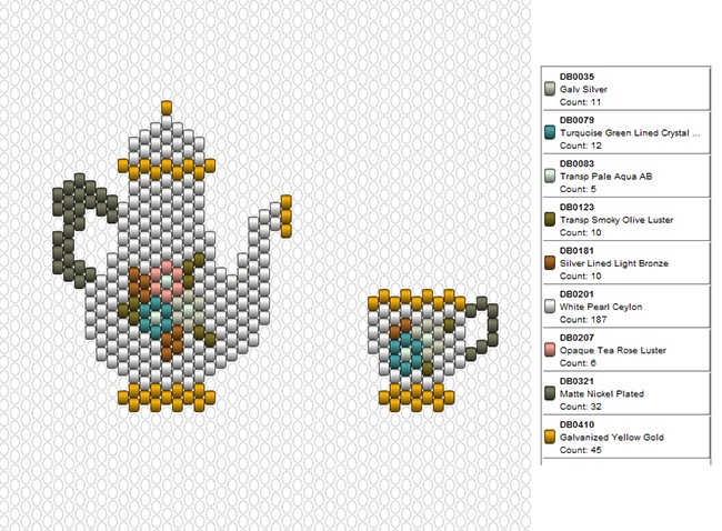 Esquema Punto de ladrillo tejiendo motivo de servicio de té con cuentas Miyuki Delicas 11/0
