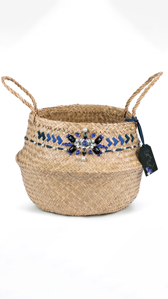 Esquema DIY fácil custo cesta tailandesa con piedras de coser y cabujones PureCrystal azul majestuoso