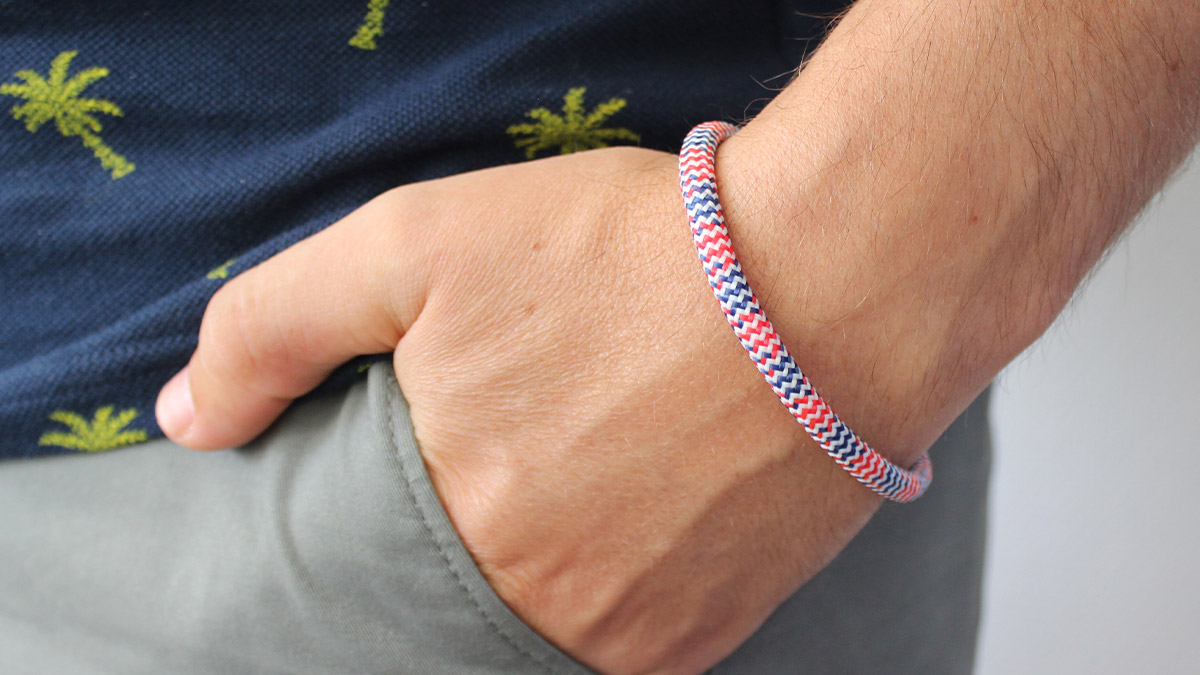 Esquema Pulsera de cuerda trenzada Tuto para hombre azul blanco rojo Esquema Pulsera de cuerda trenzada Tuto para hombre azul blanco rojo